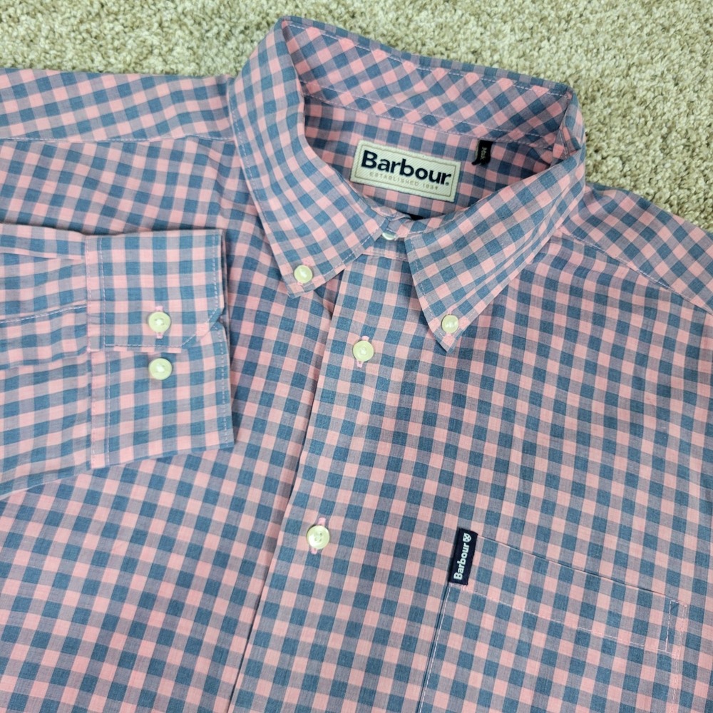 Barbour Tailored Fit Mens Medium Red Black Gingham Check Button Down Long Sleeve